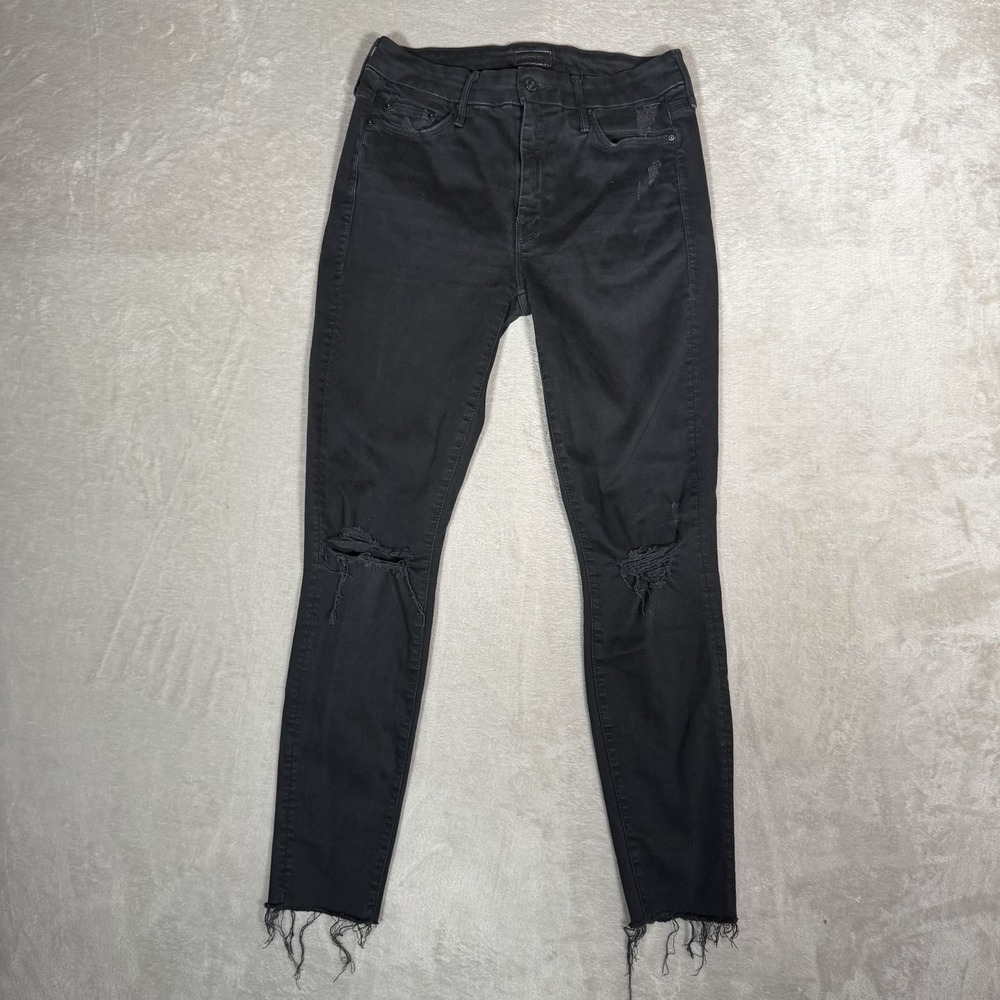 MOTHER Jeans Womens 28 Black Distressed Skinny Denim Ripped Knees Raw Fray Hem